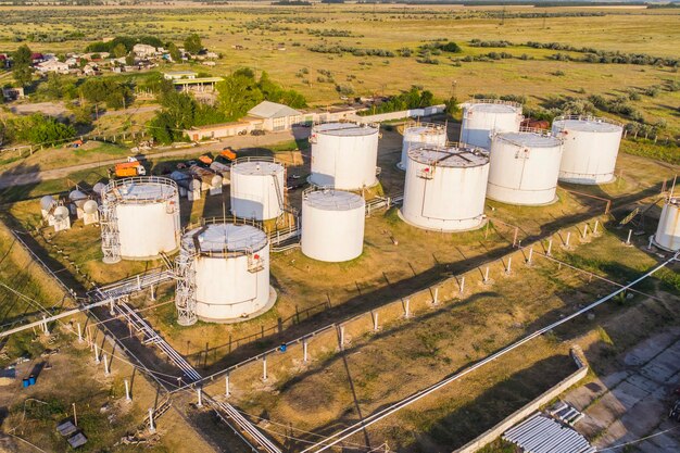 Oil refinery and petrochemical plant industrial working top view Aerial view oil and gas refinery at day