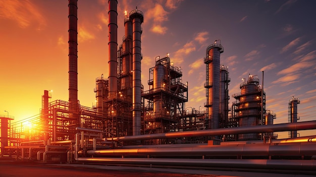 oil refinery plant form industry zone with sunrise and cloudy sky equipment steel pipes plant Generative Ai