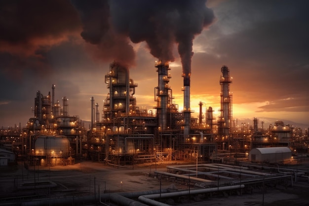 Oil refinery plant and industrial factory building construction from engineering technology