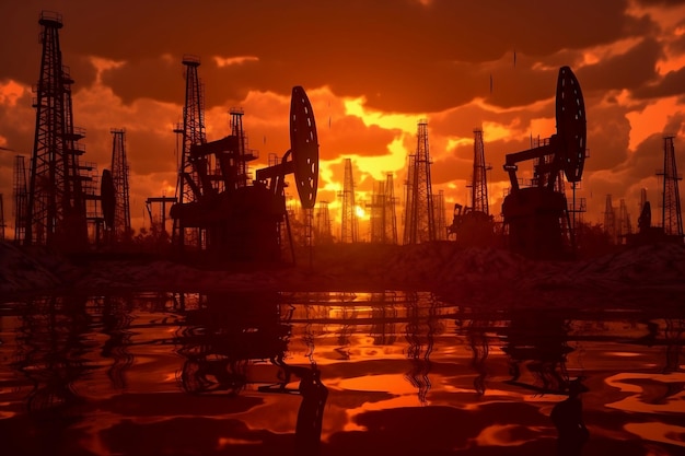 Oil refinery at sunset Generative AI