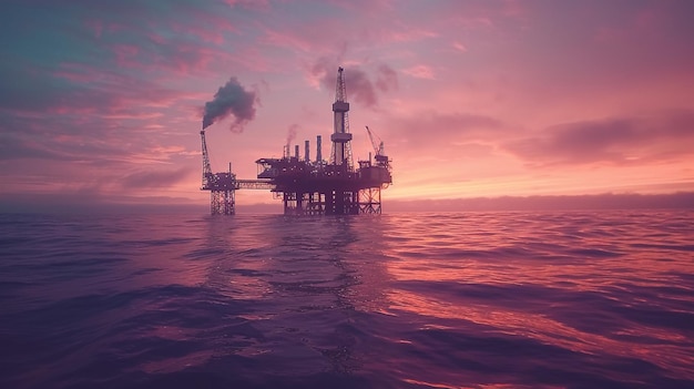 Photo oil refinery with a pink sky and the ocean in the background