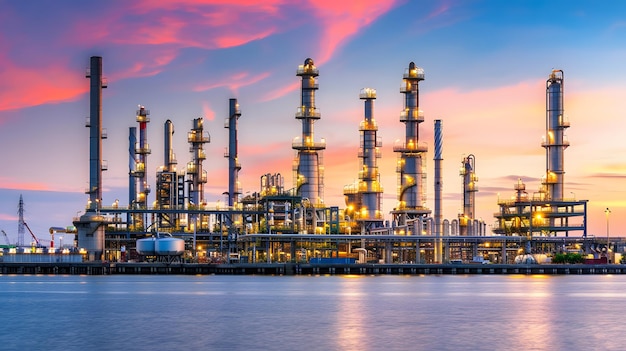 an oil refinery with a pink sky and a pink sky in the background