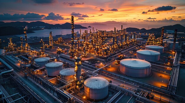 oil refinery with a sunset in the background