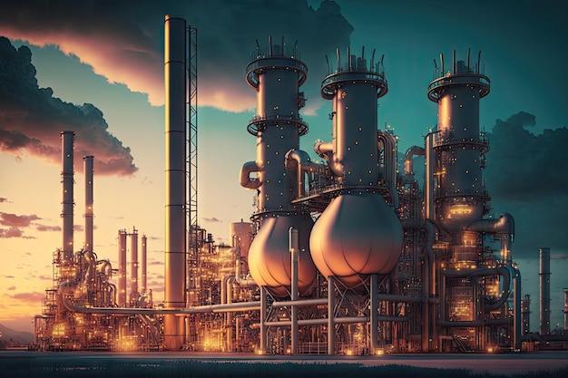 Oil refining factory on background of chemical complex of refinery complex for manufacture created w