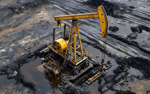 Photo oil rig in a field of black mud