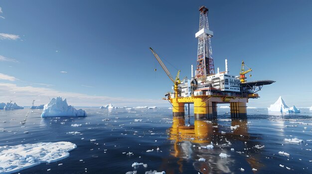 Photo an oil rig sits on the water with icebergs in the background