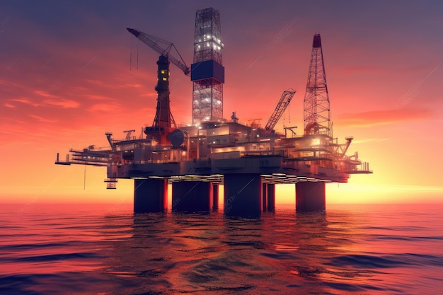 oil rig at sunset with beautiful lights AI generated