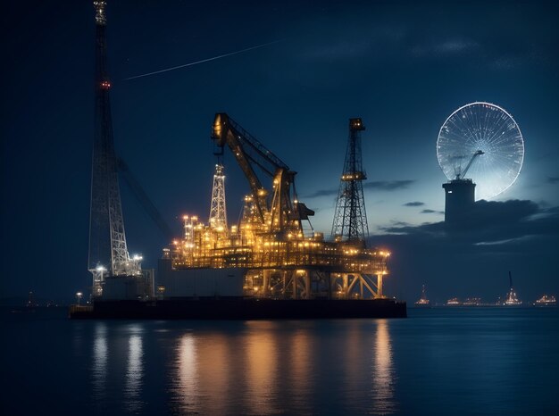 Photo oil rig with pollution in the background night view