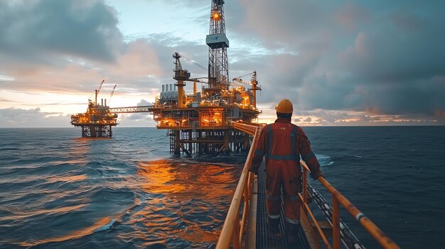 Photo oil rig worker walking on a platform at sunset overlooking the vast ocean and offshore drilling operations concept of energy industry fossil fuels and petroleum extraction