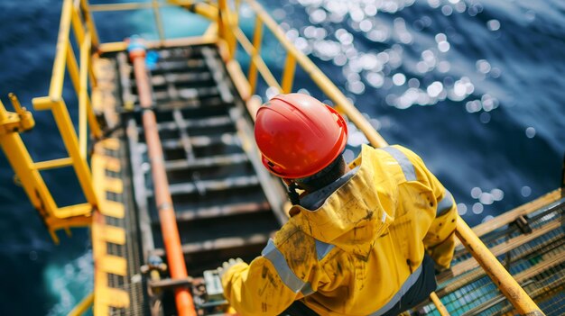 Photo an oil rig worker wearing a red hard hat and yellow coveralls stands on a platform over the ocean