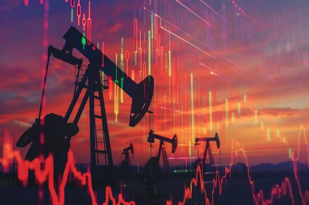 Oil Rigs Against a Vibrant Sunset with Stock Market Data Overlay