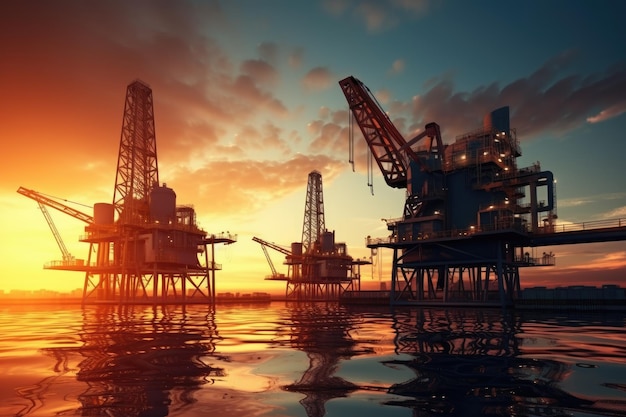 Oil Rigs in the Middle of the Ocean at Sunset Oil and gas industry background featuring a platform for the production of petroleum products AI Generated