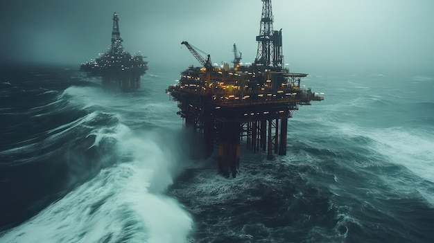 Photo oil rigs offshore with waves crashing against the platform symbolizing the energy industry