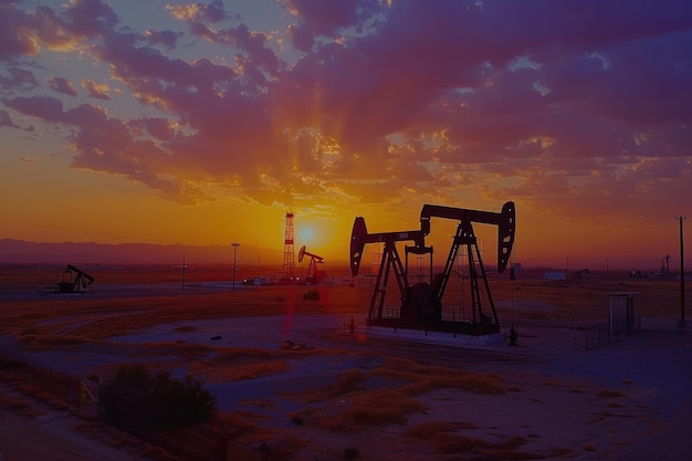 Oil Rigs Silhouetted Against a Vibrant Sunset