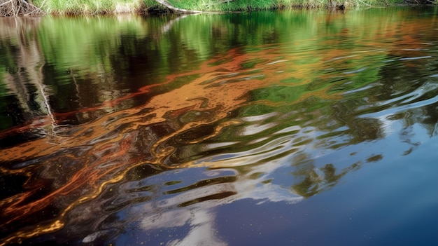 Oil slick on river Environmental pollution