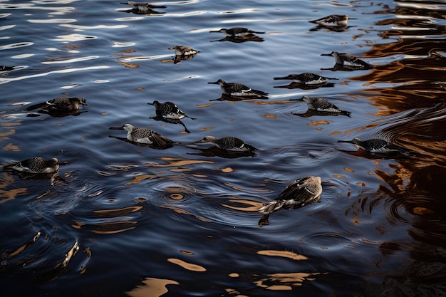 Oil slick on the surface of the water with seagulls flying overhead created with generative ai