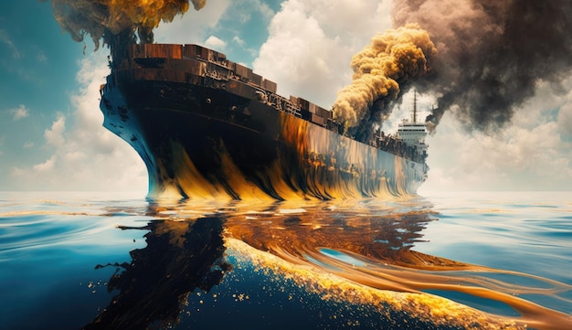 Oil spill or leakage out in the sea from ship water ocean pollution problems dangerous Generative AI