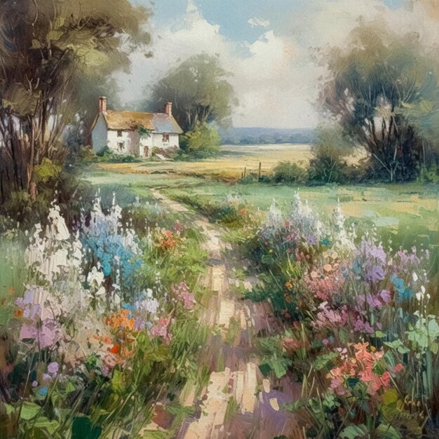 Oil style fine art painting of the english countryside cottage with romantic floral meadow flowers