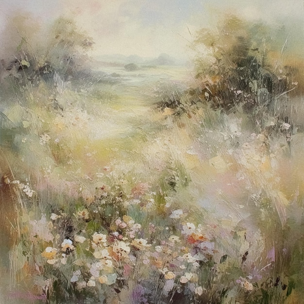 Oil style fine art painting of the english countryside depicting romantic floral meadow flowers