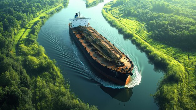 Photo an oil tanker navigating through a narrow canal with lush green landscapes on either