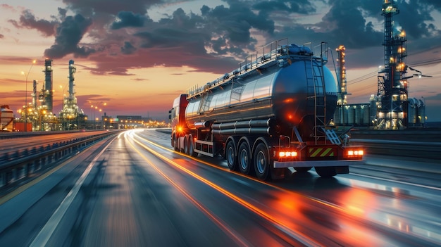 An oil tanker truck driving through a busy industrial area