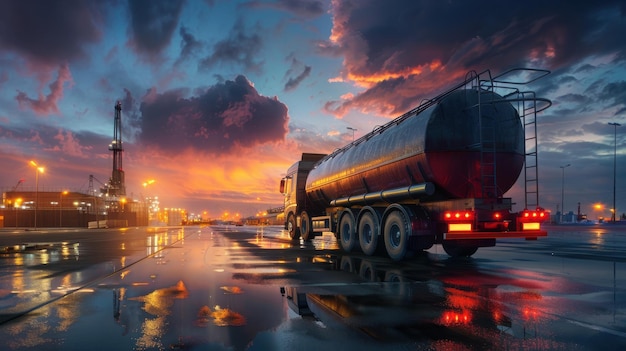 An oil tanker truck parked at a fuel depot ready for loading