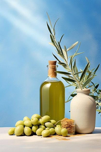 oil with branches of an olive tree on a blue background