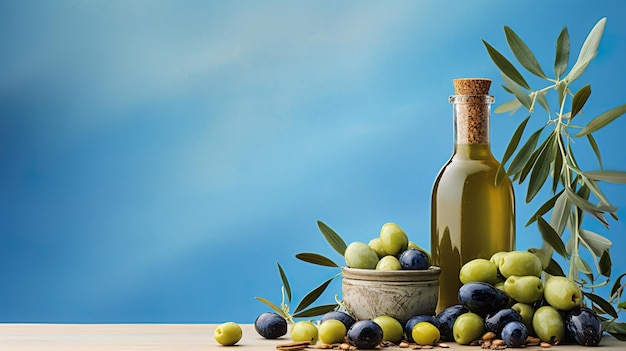 oil with branches of an olive tree on a blue background