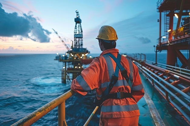 An oil worker operates on an offshore oil rig in the middle of the sea engaging in the search and extraction of oila career that is risky but offers significant rewards