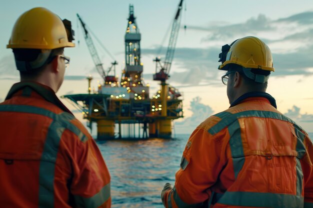 Oil Workers Discussing Operations on Offshore Rig at Sunset