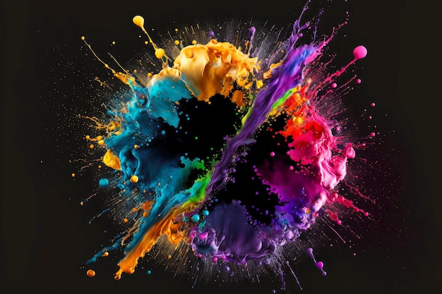 Oily splash stains on black background explosion of colorful paint generative ai