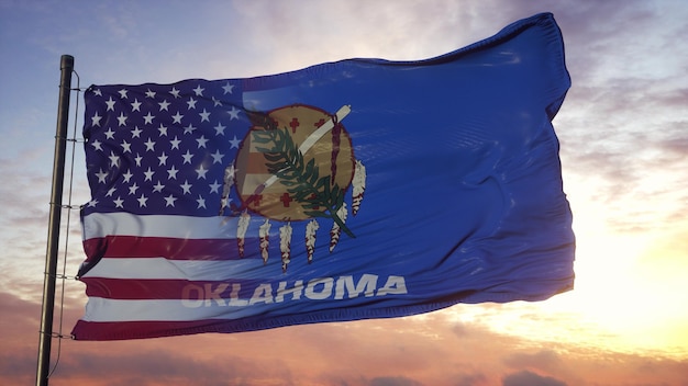 Oklahoma and USA flag on flagpole. USA and Oklahoma Mixed Flag waving in wind