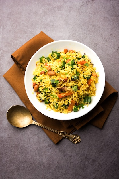 Okra or Bhindi rice also known as Vendakkai Sadam, served in a bowl, selective focus