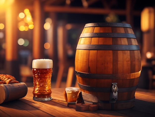 Oktoberfest beer barrel with beer glasses on table on wooden