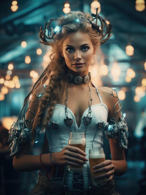 Oktoberfest female cyborg in traditional Bavarian costume carrying a beer