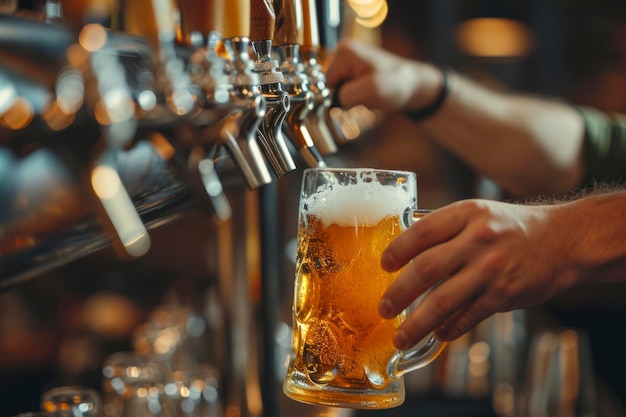 Oktoberfest Hand of bartender pouring a large lager beer in tap Pouring beer for client