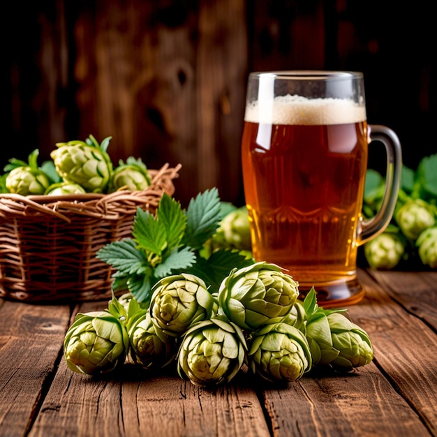 Photo oktoberfest poster with glass of beer and hop cones on wooden surface generated by ai