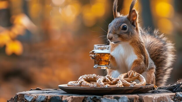 Photo an oktoberfest scene with a squirrel holding a tiny beer stein sitting on a log next to a