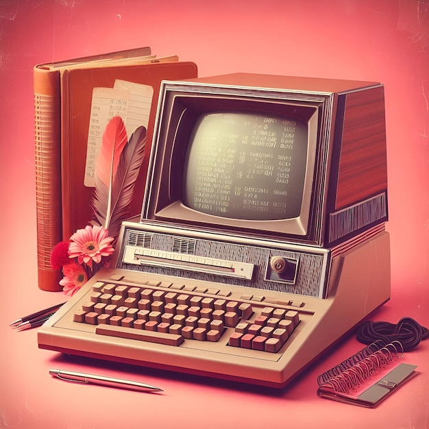 old 1950s computer on a pink background