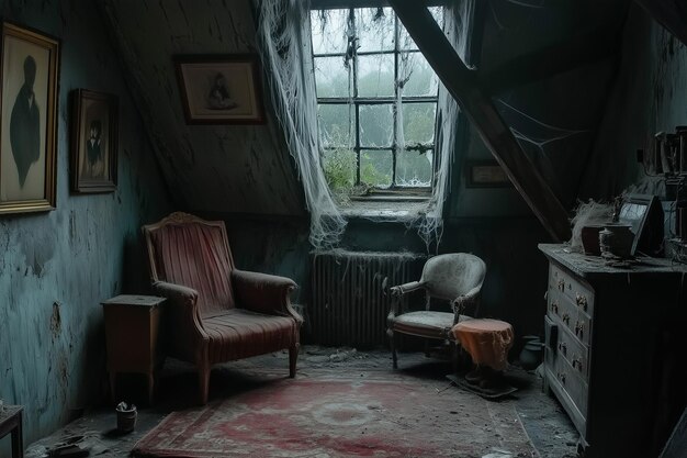 Photo old abandoned building a spooky attic filled with cobwebs old furniture and ghosts