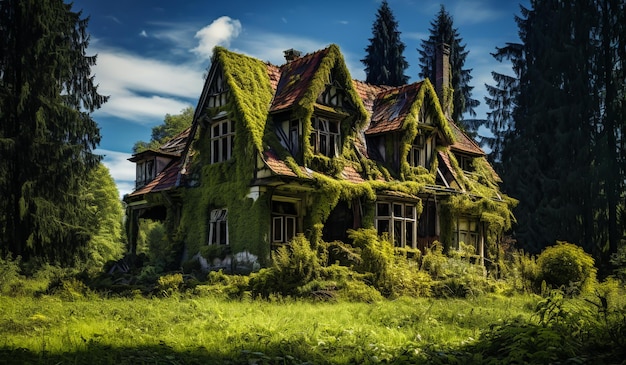 Old and abandoned house covered in moss in the middle of the forest AI generated