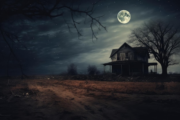 Old abandoned house in the forest at night with full moon Halloween concept