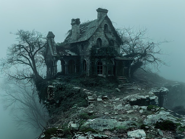 Photo an old abandoned house on a hill with a tree in the background