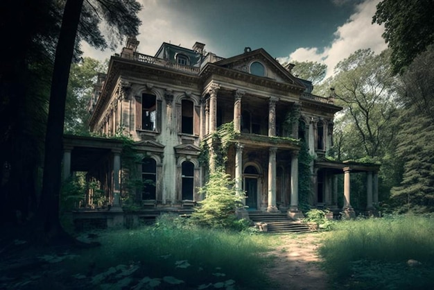 An old abandoned mansion in the woods with the words " the word " on the front.