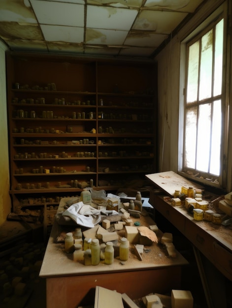 Old abandoned room with lots of garbage Multiple bottles and boxes on the shelves table and the floor Generative AI