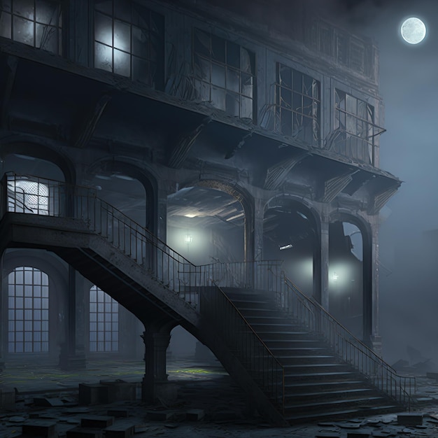 An old abandoned and ruined building with a large staircase 3d rendering. raster illustration