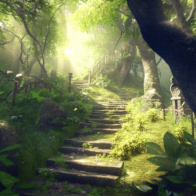 An old abandoned staircase in the forest