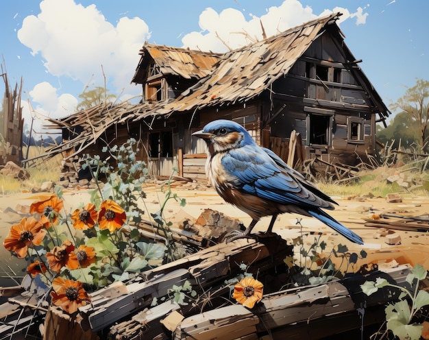 Old abandoned village house with birds in the foreground