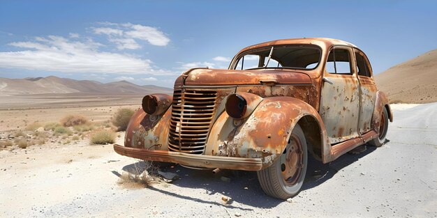 Photo old abandoned vintage car in desert rusty classic vehicle on desert road concept vintage car restoration desert road trips rustic photography classic automotive abandoned vehicles