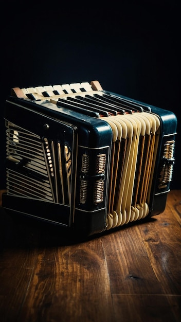 Old accordion on rustic wooden surface with black background and Low key lighting selective focus